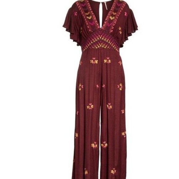 Free People Cleo Embroidered Jumpsuit Pantsuit in Purple Combo Size 12 - Picture 1 of 5